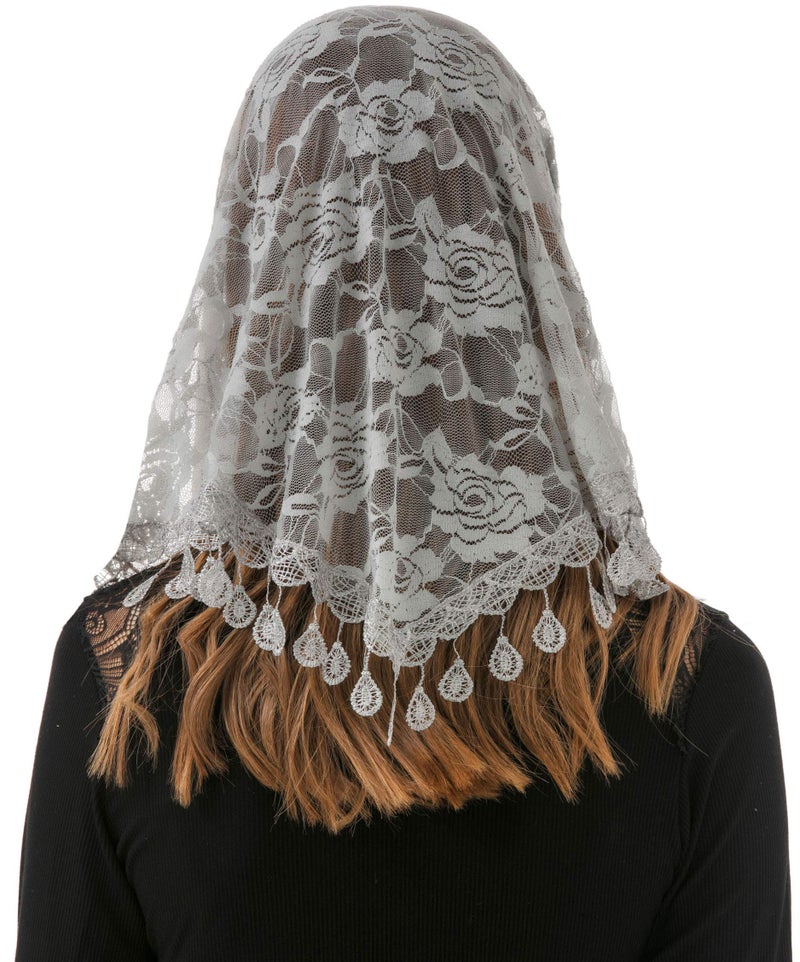 PAMOR Mass Veil Triangle Mantilla Cathedral Head Covering Chapel Veil Lace Shawl Latin Scarf (Gray) - Image 3